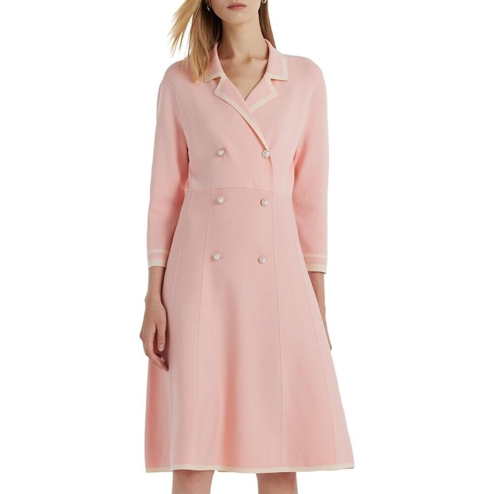 Women Pink Button up 3/4 Sleeve Knit Dresses for Teacher Work Business